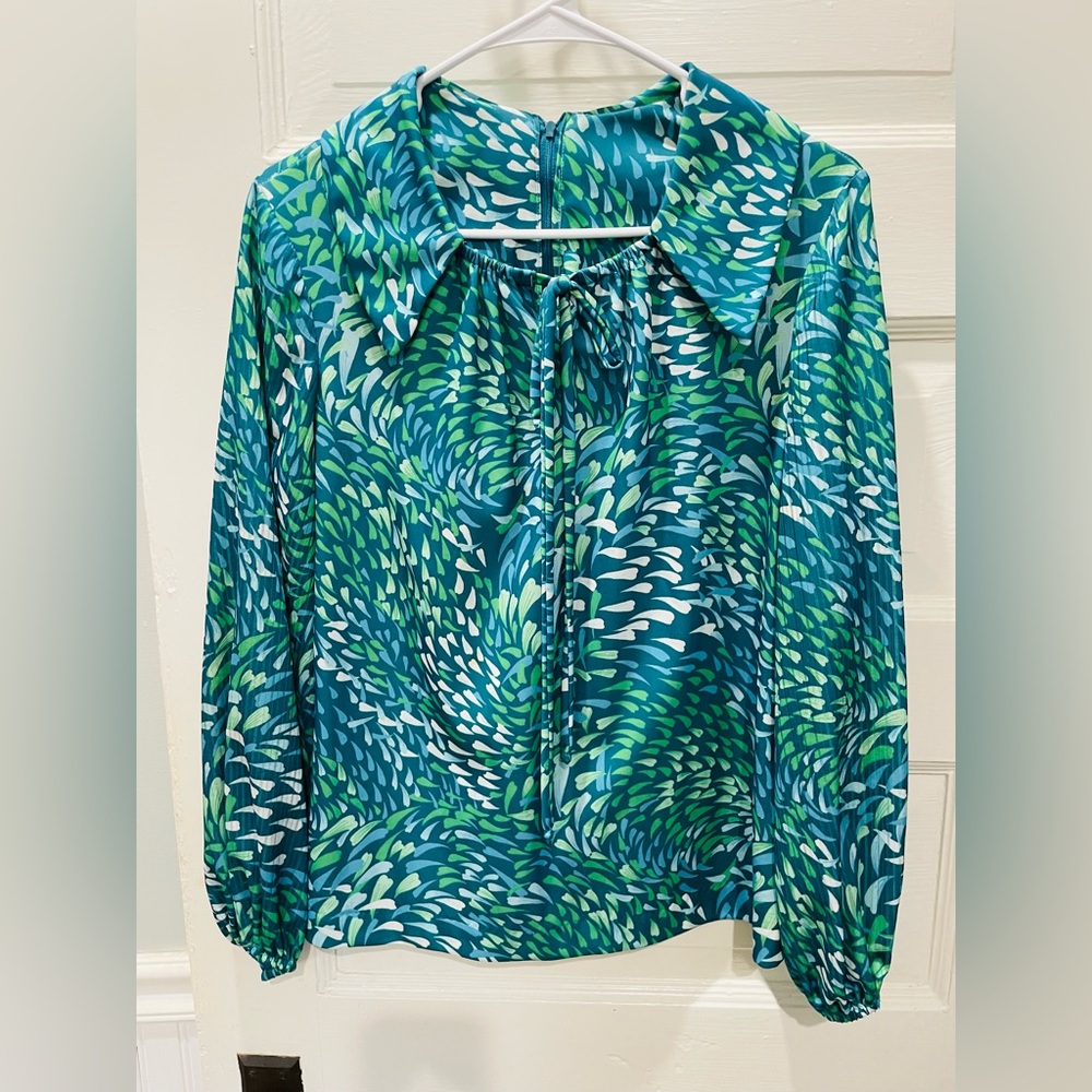 Vintage 80’s Ms. Sugar Blue and Green Patterned Blouse, Size 14